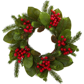 19" Artificial Magnolia Leaf, Berry, and Pine Wreath