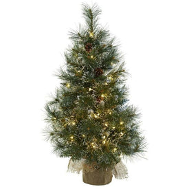 3' Pre-Lit Artificial Christmas Tree with 160 Frosted Tips, 100 Clear Lights, Pine Cones and Burlap Bag