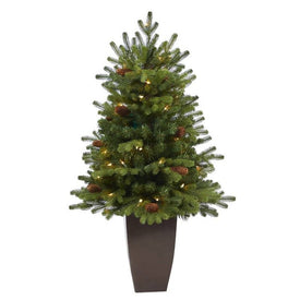 3.5' Pre-Lit Artificial Yukon Mountain Fir Christmas Tree with 50 Clear Lights and Pine Cones in Bronze Metal Planter