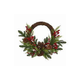 22" Artificial Mixed Pine and Cedar with Berries and Pine Cones Wreath