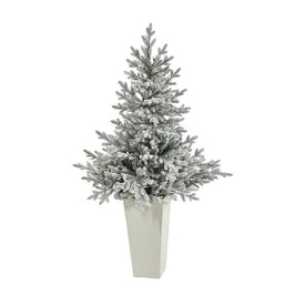 57" Pre-Lit Artificial Flocked Fraser Fir Christmas Tree with 300 Warm White Lights in Tower Planter