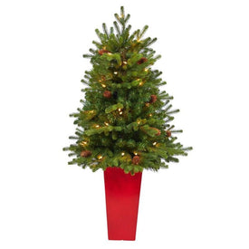 3.5' Pre-Lit Artificial Yukon Mountain Fir Christmas Tree with 50 Clear Lights and Pine Cones in Red Planter