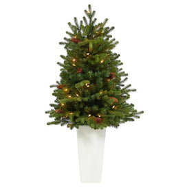 3.5' Pre-Lit Artificial Yukon Mountain Fir Christmas Tree with 50 Clear Lights and Pine Cones in White Planter