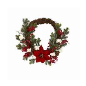 19" Artificial Poinsettia with Berries and Cotton Wreath