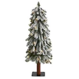 3' Pre-Lit Artificial Flocked Grand Alpine Christmas Tree on Natural Trunk with 50 Clear Lights