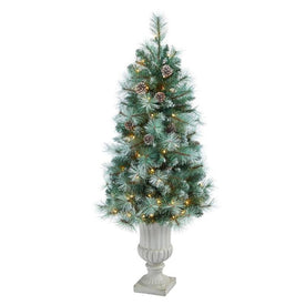 4.5' Pre-Lit Artificial Frosted Tip British Columbia Mountain Pine Christmas Tree with 100 Clear Lights, Pine Cones in Decorative Urn