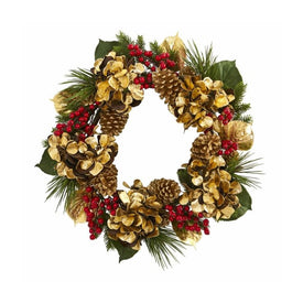 24" Artificial Golden Hydrangea with Berries and Pine Wreath