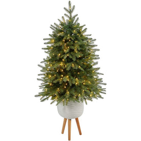 56" Pre-Lit Artificial Vancouver Fir Natural Look Christmas Tree with 250 Clear LED Lights in White Planter with Stand