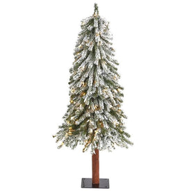 4' Pre-Lit Artificial Flocked Grand Alpine Christmas Tree on Natural Trunk with 100 Clear Lights