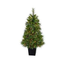 50" Pre-Lit Artificial Golden Tip Washington Pine Christmas Tree with 100 Clear Lights, Pine Cones in Black Metal Planter