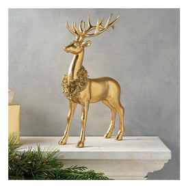 Clara Golden Standing Deer Figurine with Floral Wreath