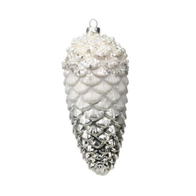 White and Silver Pine Cone Christmas Hanging Ornaments Set of 6