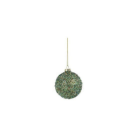Beaded Tinsel Green Glass Ball Ornaments Set of 6