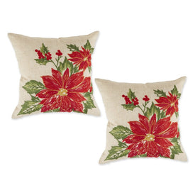 Poinsettia Holly Embroidered 18" x 18" Throw Pillow Covers Set of 2