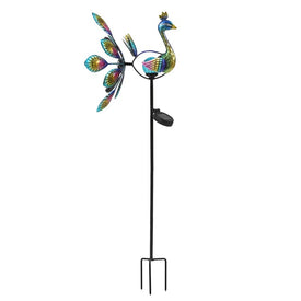 Metal Peacock Solar LED and Wind Spinner Garden Stake