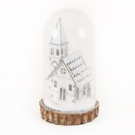 Lighted Snow-Covered White Church Glass Lantern