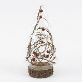 Lighted Christmas Tree with Red Berries and Branch Glass Lantern