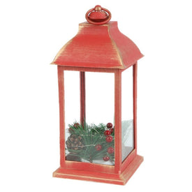 Lighted Holiday Berry and Pine Cone Rustic Red Lantern
