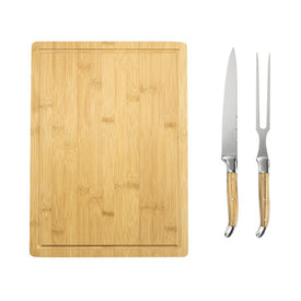 Laguiole Connoisseur Two-Piece Olive Wood Carving Knife and Fork and Bamboo Cutting Board Set with Moat