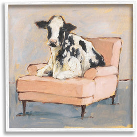 Sweet Baby Calf on a Pink Couch Neutral Color Painting 17"x17" White Framed Giclee Texturized Art