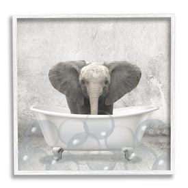 Baby Elephant Bath Time Cute Animal Design 17"x17" White Framed Giclee Texturized Art