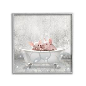 Baby Piglets Bath Time Cute Animal Design 12"x12" Rustic Gray Framed Giclee Texturized Art