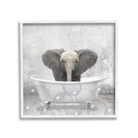 Baby Elephant Bath Time Cute Animal Design 24"x24" Oversized White Framed Giclee Texturized Art