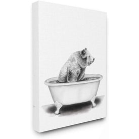 Bear In A Tub Funny Animal Bathroom Drawing 16"x20" Stretched Canvas Wall Art