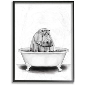 Hippo In A Tub Funny Animal Bathroom Drawing 24"x30" XXL Black Framed Giclee Texturized Art