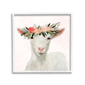 Springtime Flower Crown Baby Goat 12"x12" White Framed Giclee Texturized Art