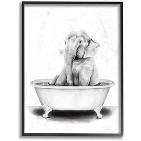 Elephant In A Tub Funny Animal Bathroom Drawing 24"x30" XXL Black Framed Giclee Texturized Art