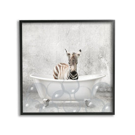 Baby Zebra Bath Time Cute Animal Design 12"x12" Black Framed Giclee Texturized Art