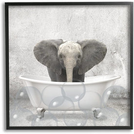 Baby Elephant Bath Time Cute Animal Design 17"x30" Black Framed Giclee Texturized Art