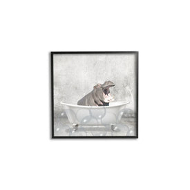 Baby Hippo Bath Time Cute Animal Design 24"x24" Oversized Black Framed Giclee Texturized Art