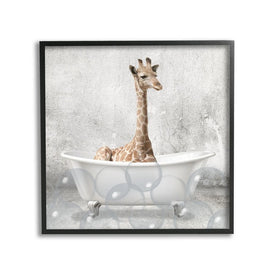 Baby Giraffe Bath Time Cute Animal Design 12"x12" Black Framed Giclee Texturized Art