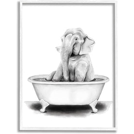 Elephant In A Tub Funny Animal Bathroom Drawing 16"x20" White Framed Giclee Texturized Art