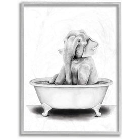 Elephant In A Tub Funny Animal Bathroom Drawing 16"x20" Oversized Rustic Gray Framed Giclee Texturized Art