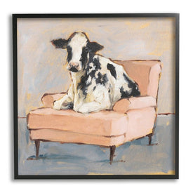 Sweet Baby Calf on a Pink Couch Neutral Color Painting 12"x12" Black Framed Giclee Texturized Art