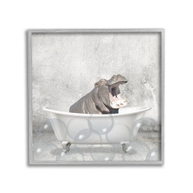 Baby Hippo Bath Time Cute Animal Design 12"x12" Rustic Gray Framed Giclee Texturized Art