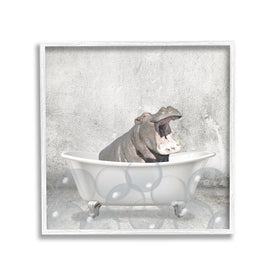 Baby Hippo Bath Time Cute Animal Design 12"x12" White Framed Giclee Texturized Art