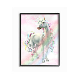 Unicorn Rainbow Clouds Pink Children's Dream Fantasy 16"x20" Oversized Black Framed Giclee Texturized Art