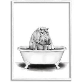Hippo In A Tub Funny Animal Bathroom Drawing 24"x30" Oversized White Framed Giclee Texturized Art