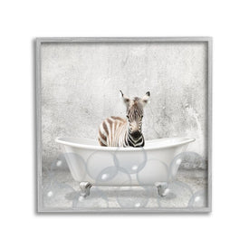 Baby Zebra Bath Time Cute Animal Design 17"x17" Rustic Gray Framed Giclee Texturized Art