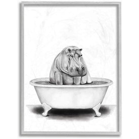 Hippo In A Tub Funny Animal Bathroom Drawing 24"x30" Oversized Rustic Gray Framed Giclee Texturized Art