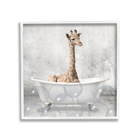 Baby Giraffe Bath Time Cute Animal Design 12"x12" White Framed Giclee Texturized Art