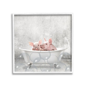 Baby Piglets Bath Time Cute Animal Design 17"x17" White Framed Giclee Texturized Art