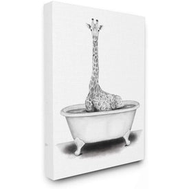 Giraffe In A Tub Funny Animal Bathroom Drawing 24"x30" Oversized Stretched Canvas Wall Art