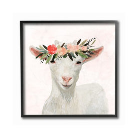 Springtime Flower Crown Baby Goat 12"x12" Black Framed Giclee Texturized Art