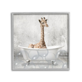 Baby Giraffe Bath Time Cute Animal Design 12"x12" Rustic Gray Framed Giclee Texturized Art