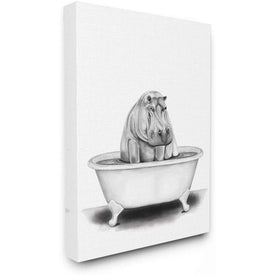 Hippo In A Tub Funny Animal Bathroom Drawing 16"x20" Stretched Canvas Wall Art